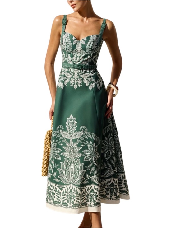 Commense Dresses & Skirts - Commense Baroque Floral Print Belted Cami Maxi Dress Forest Green Medium NWT